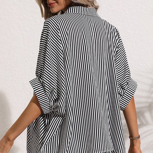 Casual Striped Print Batwing Sleeve Shirt Black & White - Picture 3 of 5
